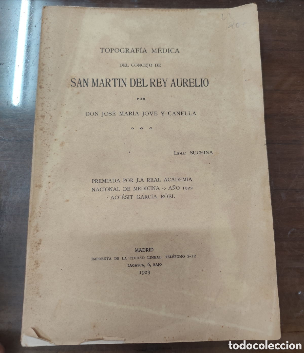 Libri di seconda mano: TOPOGRAFIA MEDICA DEL CONCEJO DE SAN MARTIN DEL REY AURELIO. 1&ordf; Edici&oacute;n. Asturias. A&ntilde;o 1923 - JOVE Y