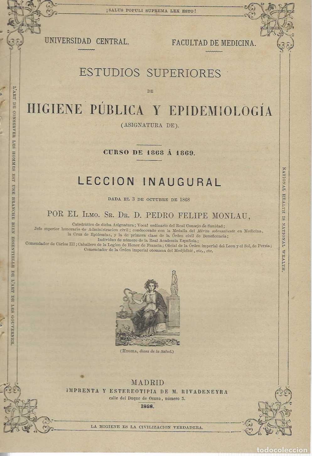 Libros: Estudios Superiores de Higiene P&uacute;blica y Epidemiolog&iacute;a. (Asignatura de Curso 1868 &aacute; 1869) Lecci&oacute;n In
