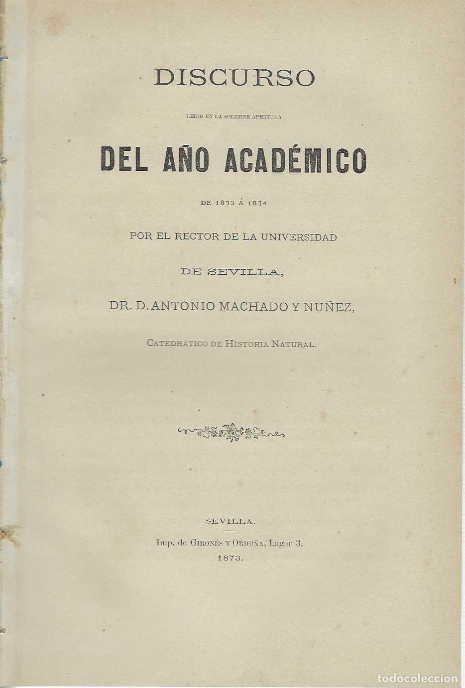 Libros: Discurso leido en la solemne apertura del A&ntilde;o Acad&eacute;mico de 1873 &aacute; 1874 por el Rector de de la Univer