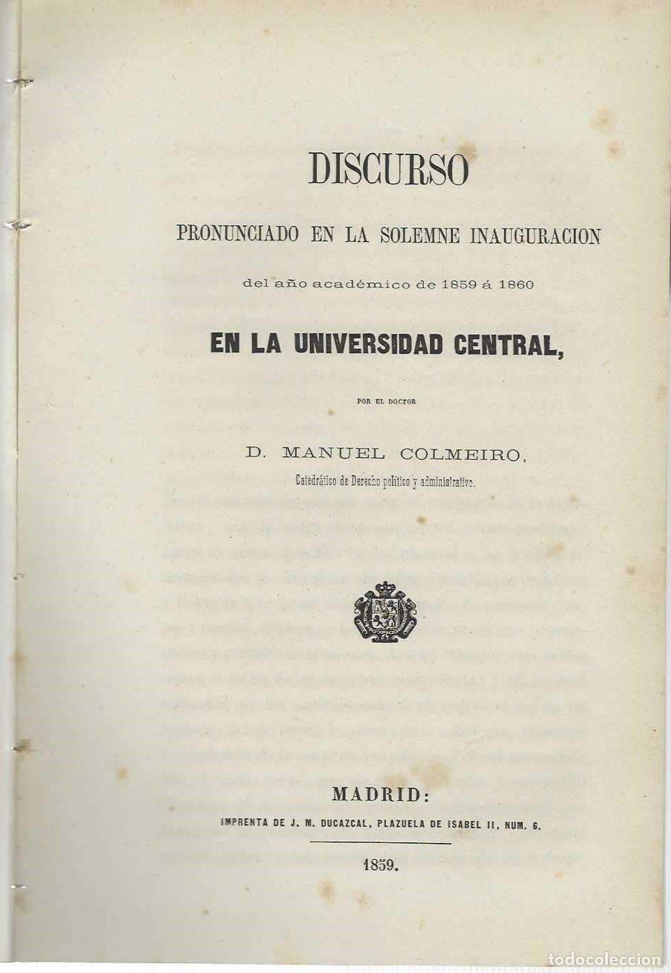 Libros: Discurso en la Solemne Inauguraci&oacute;n del a&ntilde;o acad&eacute;mico de 1859 &aacute; 1860 en la Universidad Central. - CO