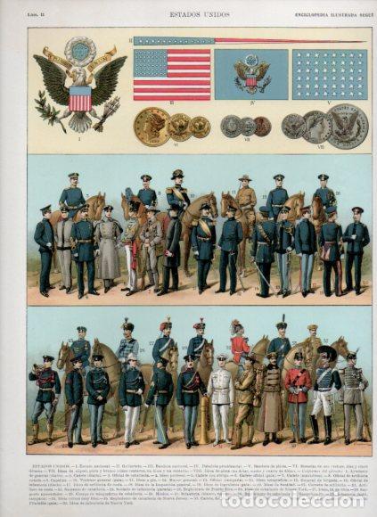 books: LAMINA V53472: Estados Unidos. Escudo, banderas, monedas y uniformes. Enciclopedia Segui - Varios