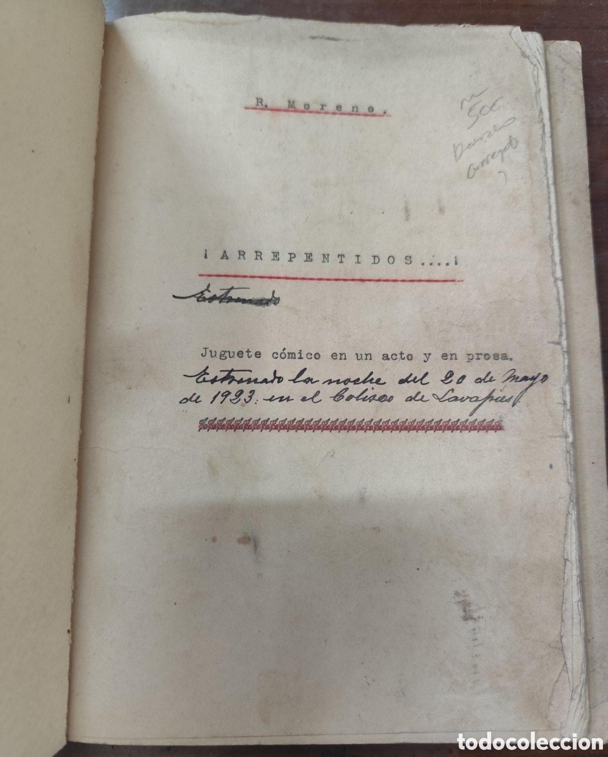 Livros em segunda m&atilde;o: ARREPENTIDOS. 1&ordf; Edici&oacute;n. Ejemplar mecanograficado,corrregido y firmado por el autor. A&ntilde;o 1923 - MOR