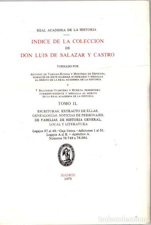 Libros: Indice de la Colecci&oacute;n de Don Luis de Salazar y Castro. Tomo IL - Cuartero y Huerta, Baltasar/Vargas