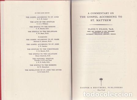 Libros: FILSON, Floyd V.- - Harper&acute;s New Testament Commentaries. The gospel according to St. Matthew.