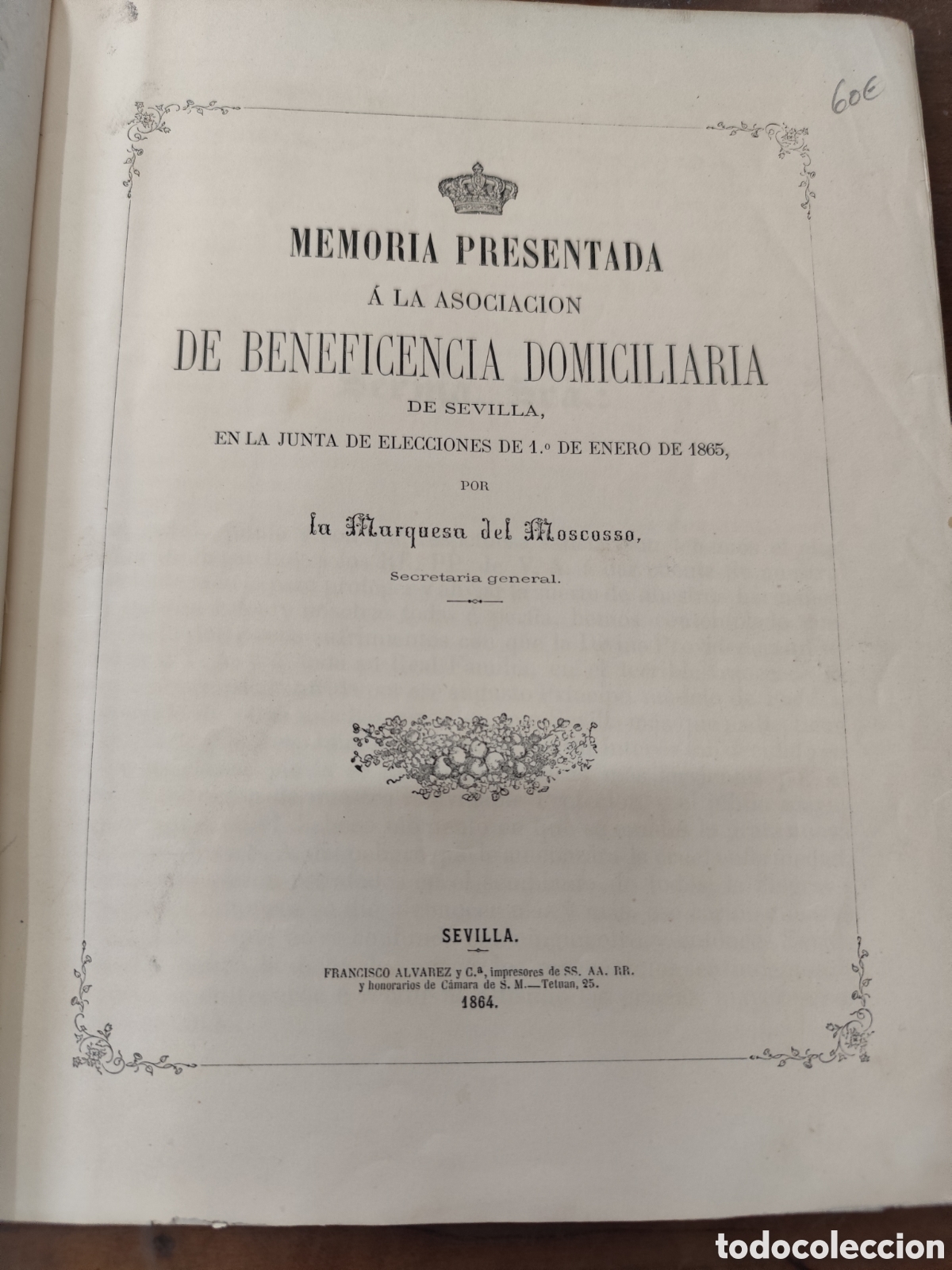 Livros em segunda m&atilde;o: MEMORIA PRESENTADA A LA ASOCIACION DE BENEFICENCIA DOMICILIARIA DE SEVILLA. En la junta de eleccione