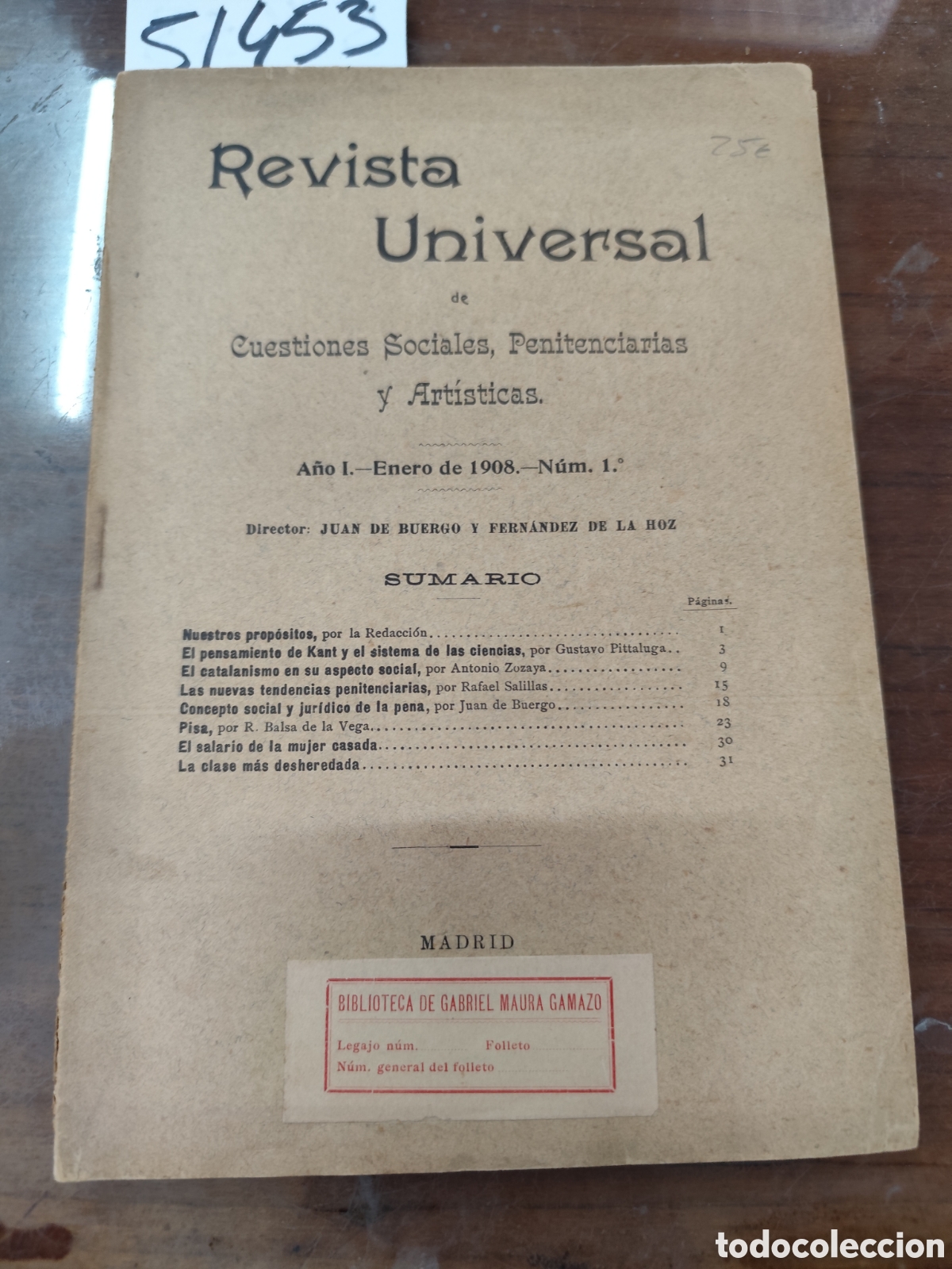 Livros em segunda m&atilde;o: REVISTA UNIVERSAL DE CUESTIONES SOCIALES,PENITENCIARIAS Y ARTISTICAS N&ordm; 1. A&ntilde;o I. Enero de 1908 - BU