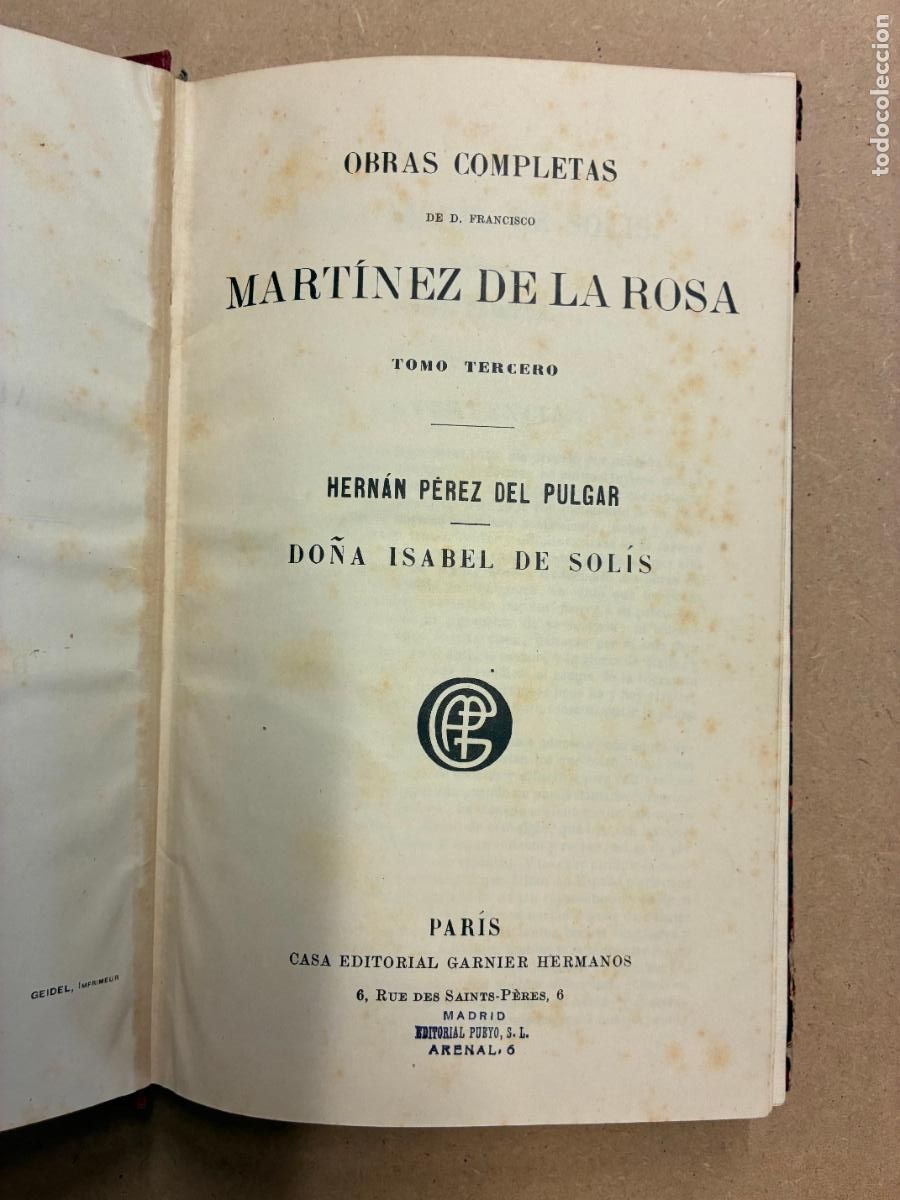 Livros em segunda m&atilde;o: HERN&Aacute;N P&Eacute;REZ DEL PULGAR - DO&Ntilde;A ISABEL DE SOL&Iacute;S. - FRANCISCO MART&Iacute;NEZ DE LA ROSA. (OBRAS COMPLETAS T