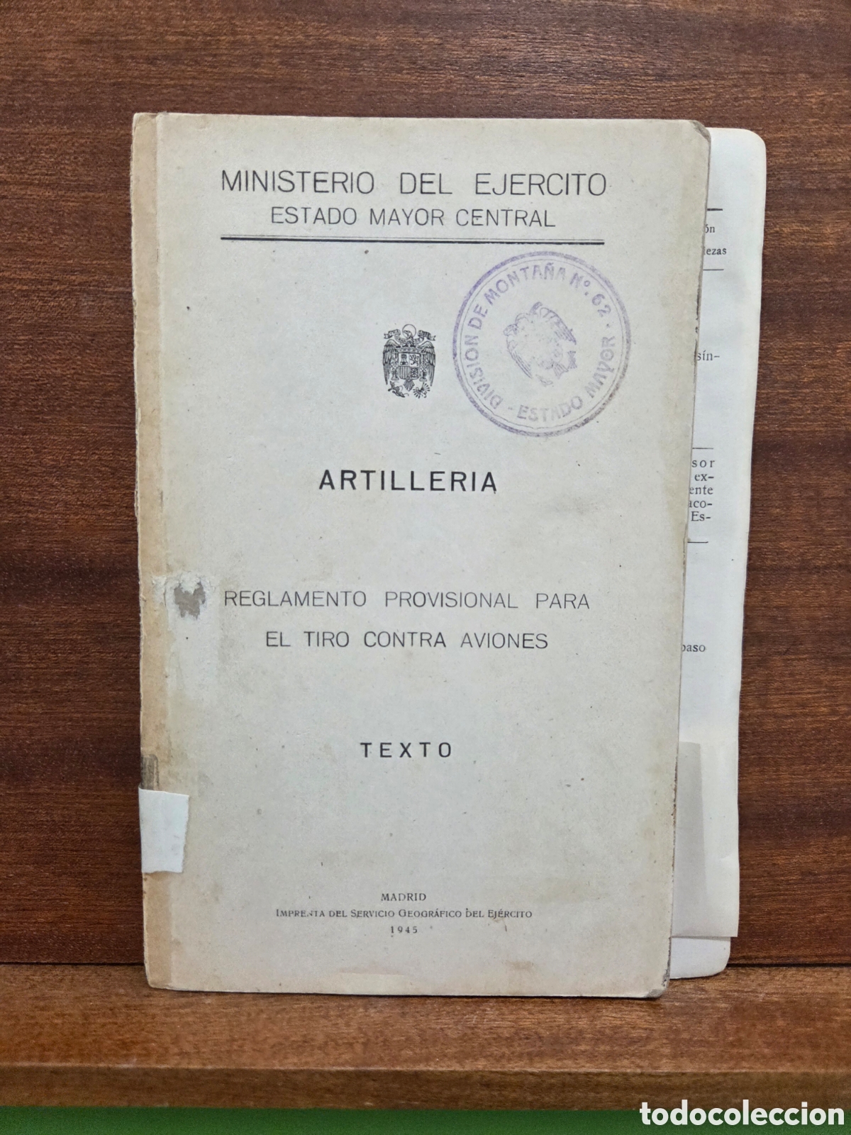 Libros: 1945...&rdquo;&rdquo;REGLAMENTO PROVISIONAL PARA EL TIRO CONTRA AVIONES&rdquo;&rdquo;...MINISTERIO DEL EJ&Eacute;RCITO..