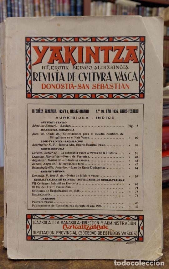 Libros: YAKINTZA, Bilerotik Beingo Aldizkingia. Revista de Cultura Vasca. No. 19. Enero-febrero 1936- - ARI