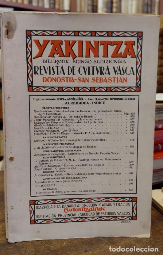 Libros: YAKINTZA, Bilerotik Beingo Aldizkingia. Revista de Cultura Vasca. No. 11. Sept.-Octubre 1934. - AR