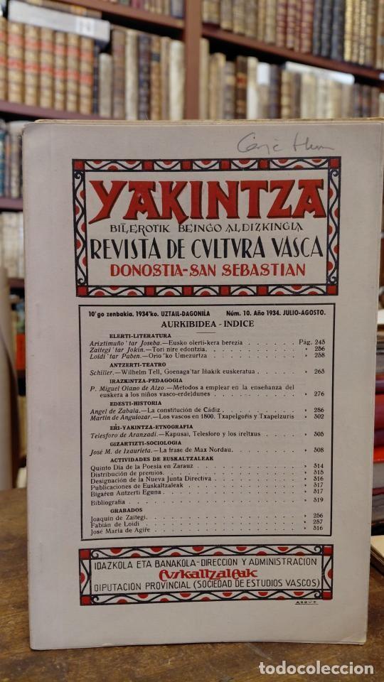 Libros: YAKINTZA, Bilerotik Beingo Aldizkingia. Revista de Cultura Vasca. No. 10. Julio Agosto, 1934. - A