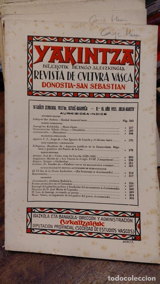Libros: YAKINTZA, Bilerotik Beingo Aldizkingia. Revista de Cultura Vasca. No. 16. Julio Agosto 1935 - ARIZT