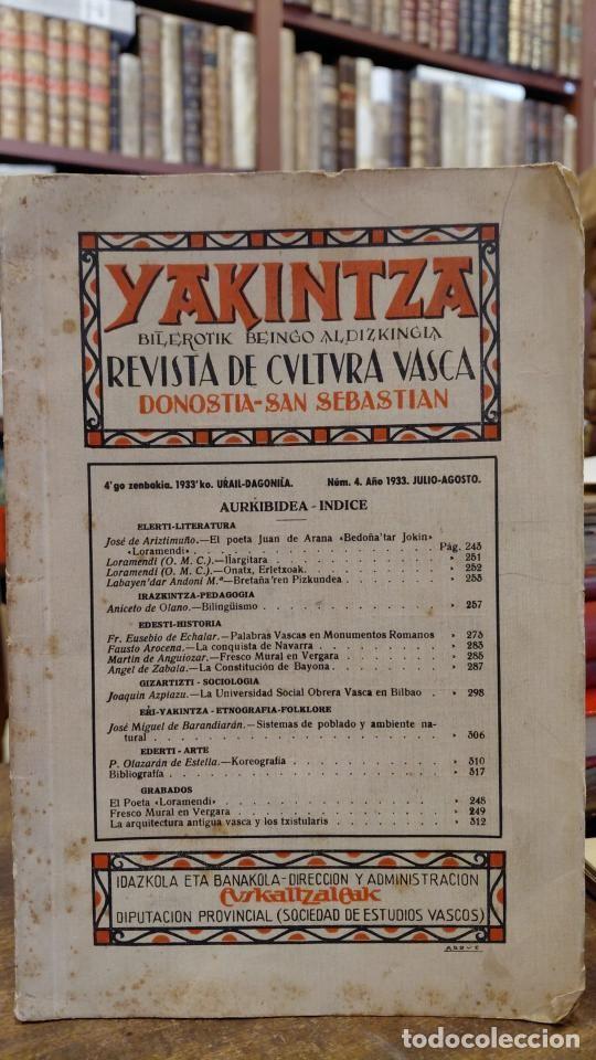 Libros: YAKINTZA, Bilerotik Beingo Aldizkingia. Revista de Cultura Vasca. No. 4. Julio Agosto 1933 - ARIZTI