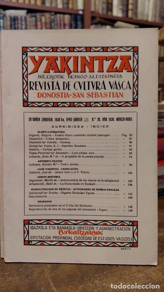 Libros: YAKINTZA, Bilerotik Beingo Aldizkingia. Revista de Cultura Vasca. No. 20 marzo Abril 1936 - ARIZTIM