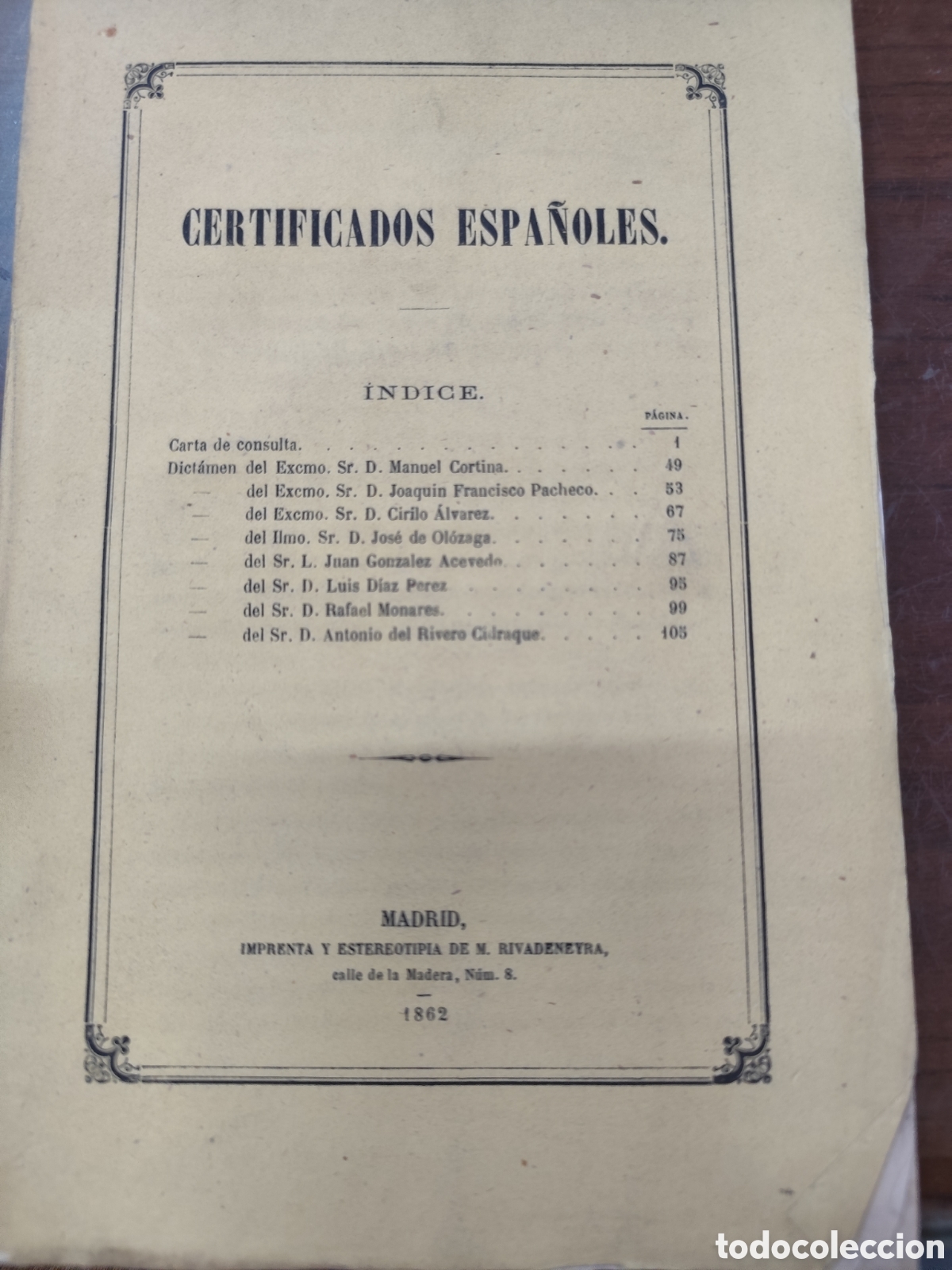 Libros: CERTIFICADOS ESPA&Ntilde;OLES. A&ntilde;o 1862