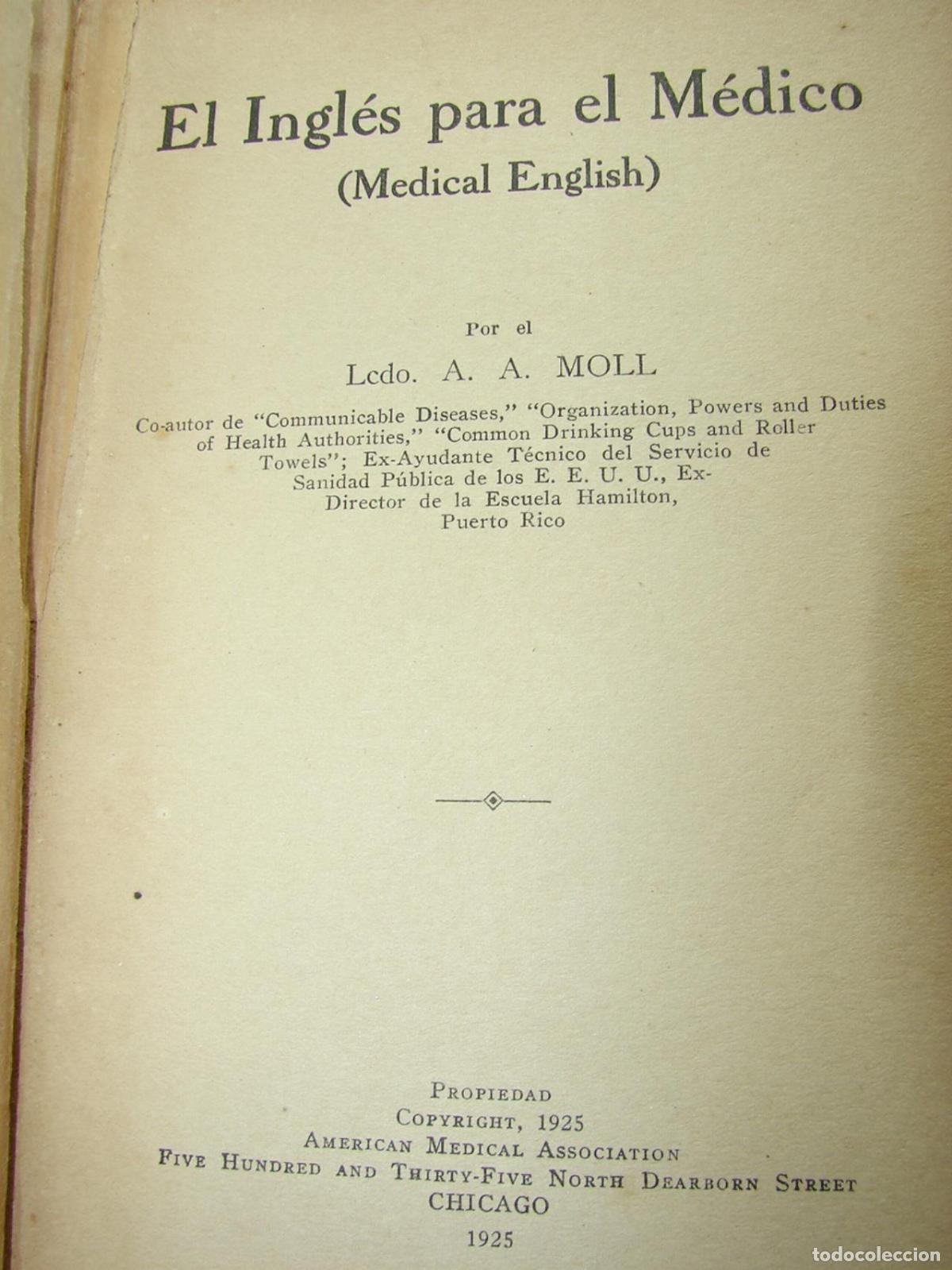 Libros: LIBRO ANTIGUO. EL INGLES PARA EL MEDICO 1925 A.A. MOLL. TCN
