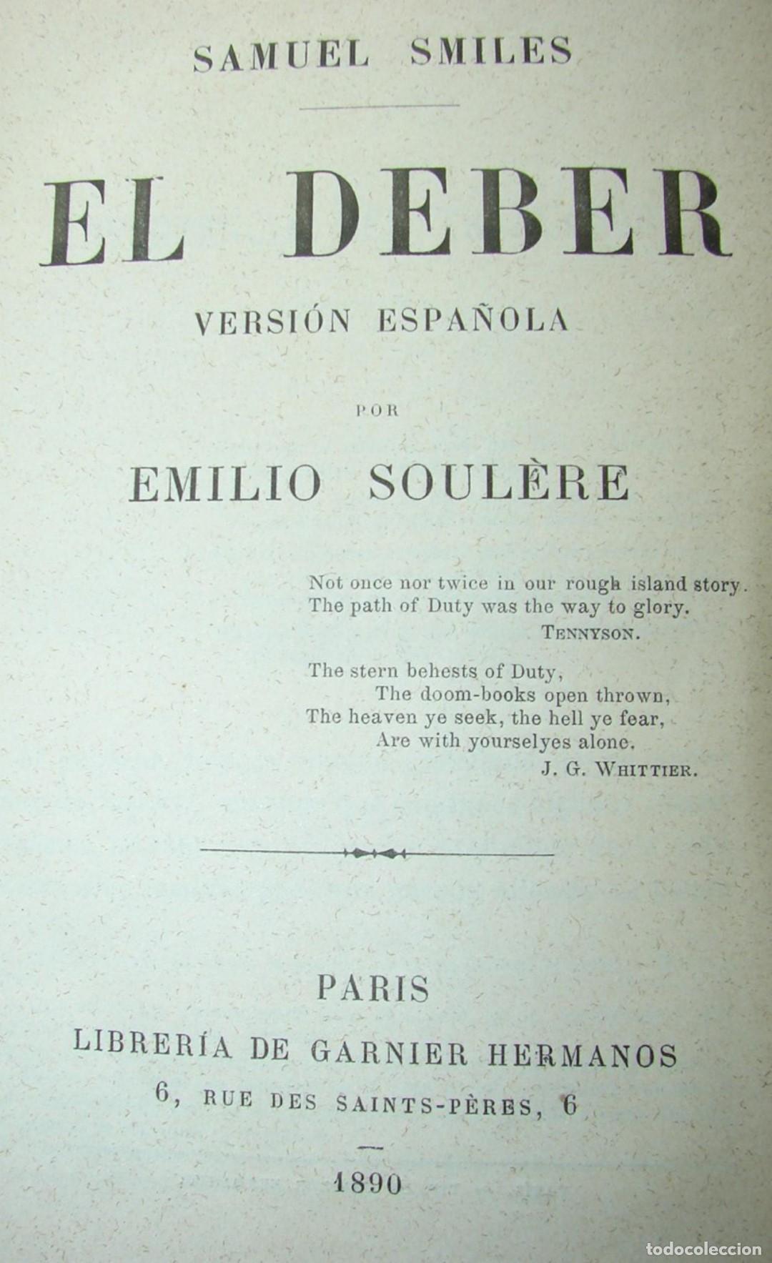 Libros: LIBRO ANTIGUO. EL DEBER. SAMUEL SMILES. 1890 SPP - Foto 2