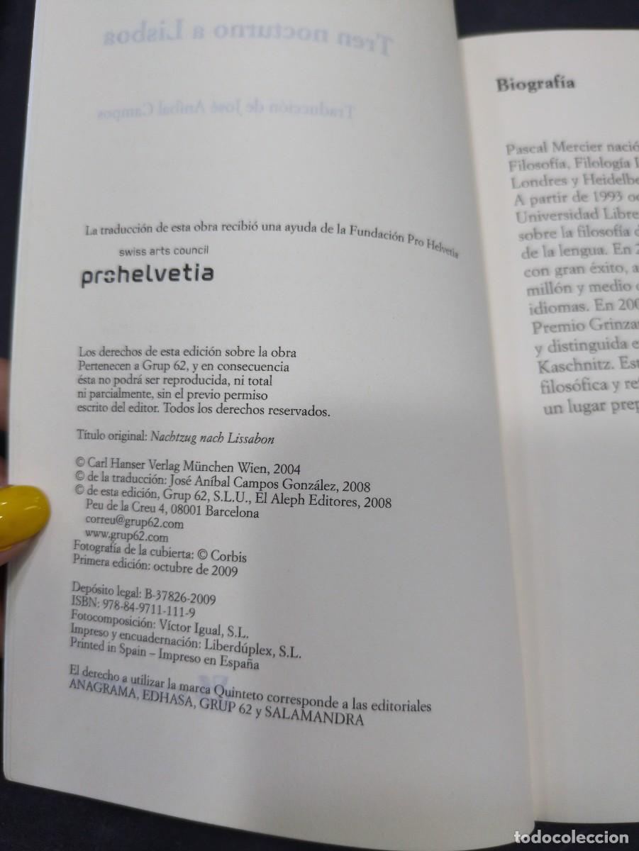 Libros: Tren nocturno a Lisboa. Pascal Mercier. 2009. quinteto editorial aleph - Foto 2