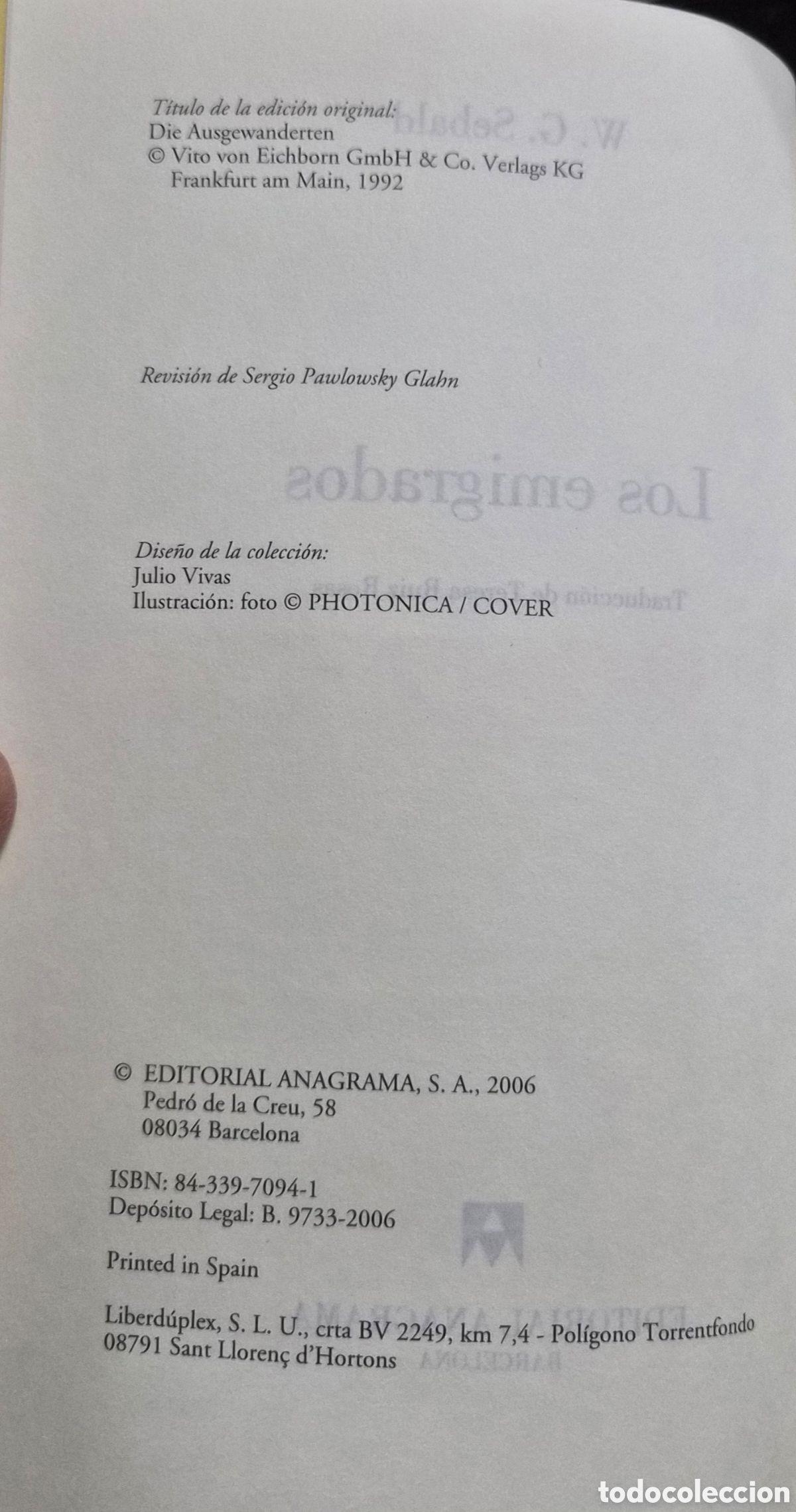 Libros: LOS EMIGRADOS. W. G. Sebald. Editorial Anagrama. - Foto 2