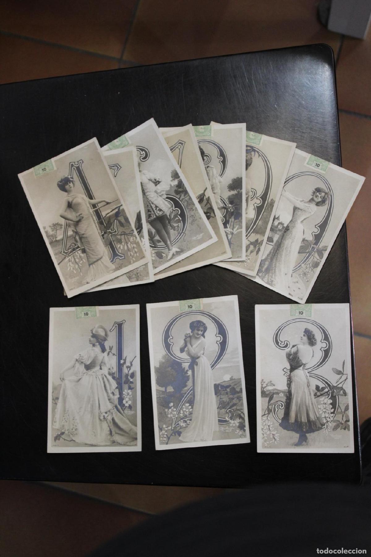 Colecci&oacute;n de 10 postales de mujeres con n&uacute;meros. -