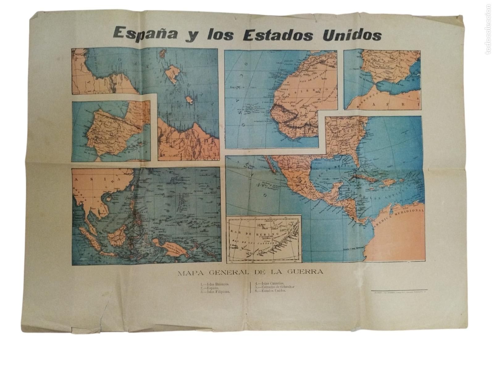 Libros: Antiguo Mapa General de la Guerra (1898) - Cuba, Filipinas, Puerto Rico, Estados Unidos . Quesada