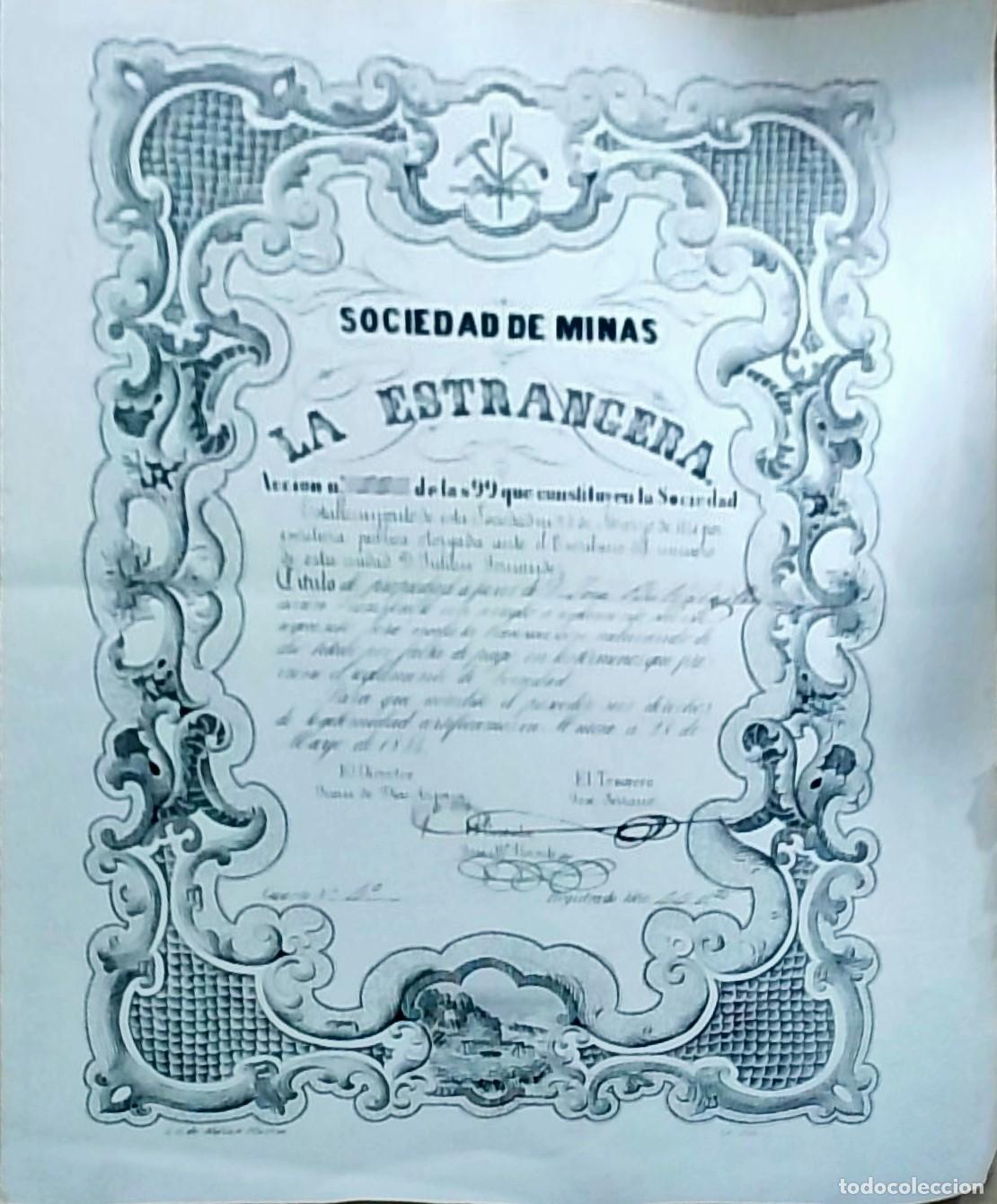 Libros: Sociedad de minas la Estrangera. Acci&oacute;n n&uacute;mero 22 de las 99 que constituyen la Sociedad. Murcia 28 m