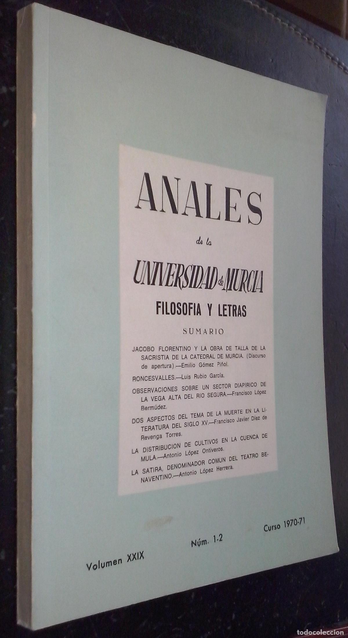B&uuml;cher: Anales de la Universidad de Murcia. Filosof&iacute;a y letras. Volumen XXIX. N&uacute;m. 1-2. Curso 1970-71 - AA.