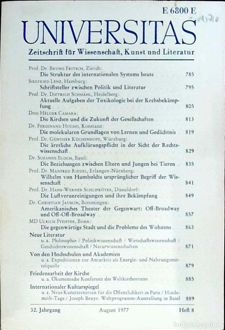 Livres: Universitas August Heft 8. Zeitschrift f&uuml;r Wissenschft, Kunst und Literatur - Autores Varios: