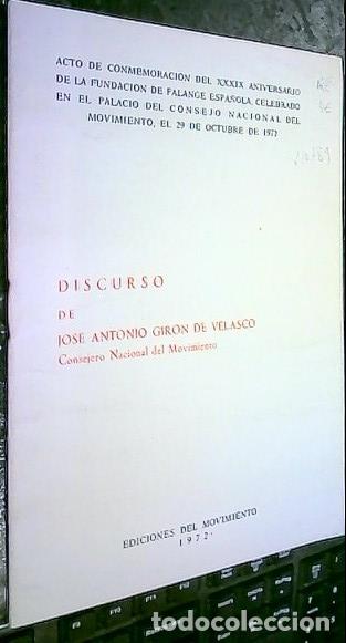 Livros em segunda m&atilde;o: Discurso de? Acto de conmemoraci&oacute;n del XXXIX aniversario de la fundaci&oacute;n de Falange Espa&ntilde;ola - Gir&oacute;n