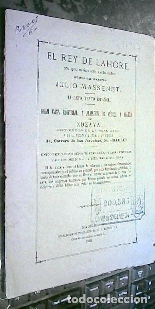 Libri di seconda mano: El Rey de Lahore. Gran &oacute;pera en cinco actos y ocho cuadros. M&uacute;sica del Maestro?. - Massenet, Julio: