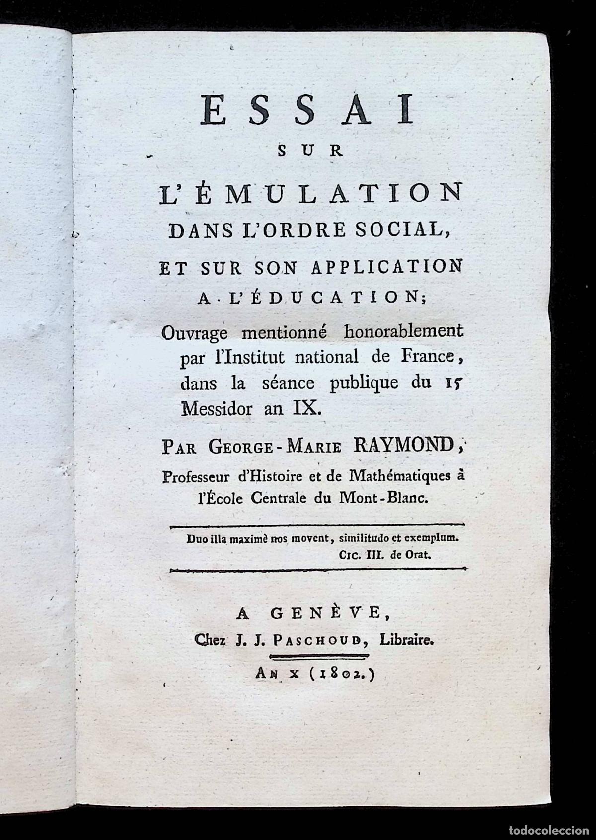Libros: ESSAI SUR L'&Eacute;MULATION DANS L'ORDRE SOCIAL, ET SUR SON APPLICATION A L'&Eacute;DUCATION. - RAYMOND, George-M