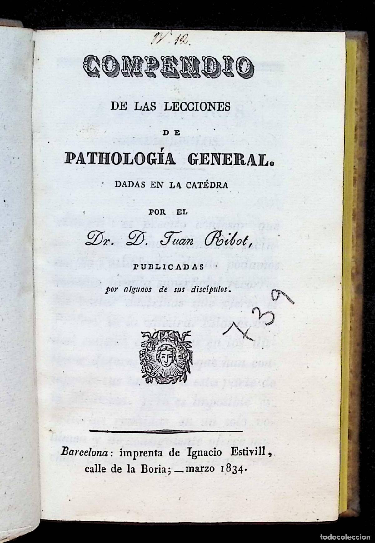 Libros: COMPENDIO DE LAS LECCIONES DE PATHOLOG&Iacute;A GENERAL. - RIBOT, Juan.