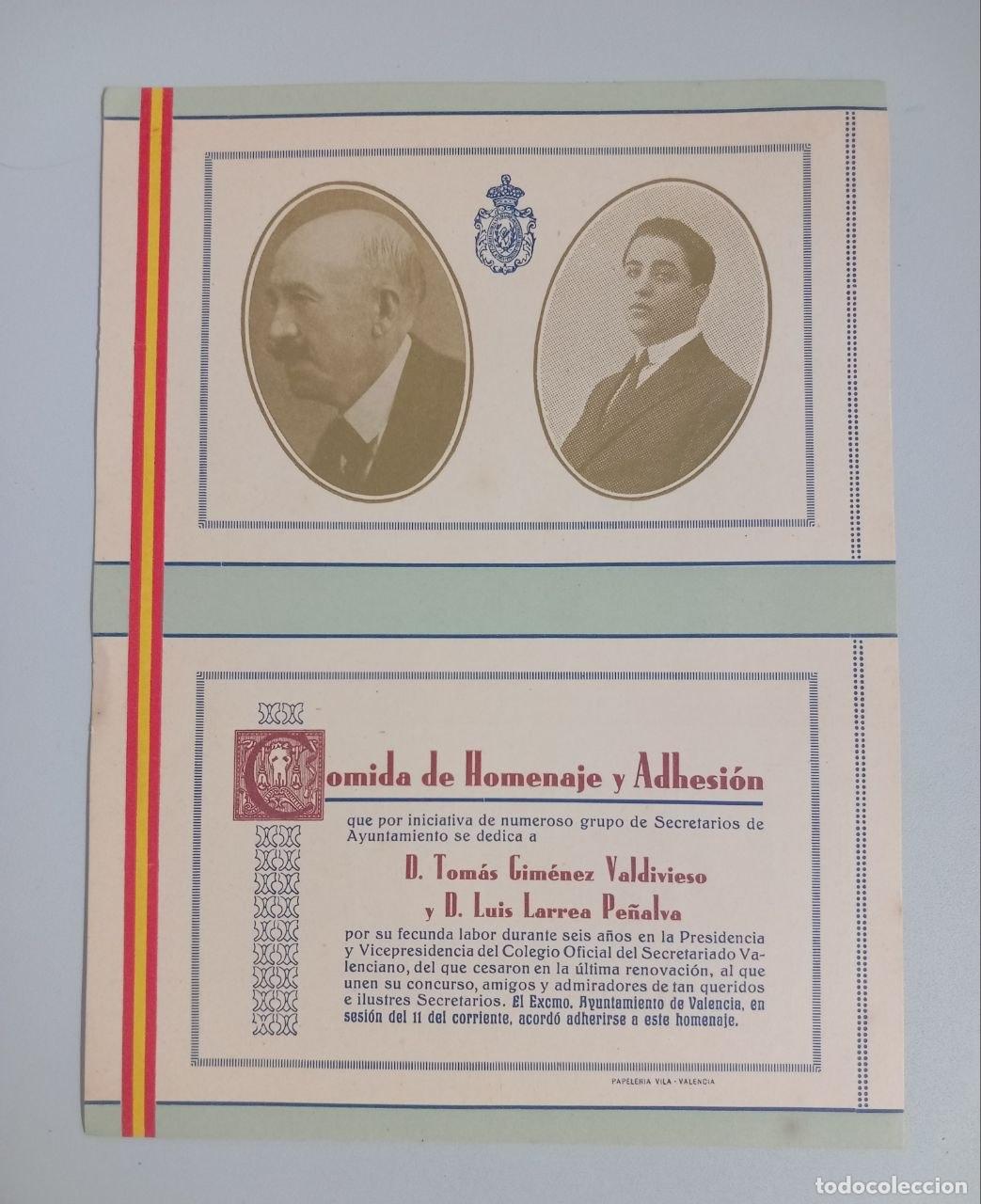 Libros: Men&uacute; de la Comida de Homenaje y Adhesi&oacute;n a D. Tom&aacute;s Gim&eacute;nez Valdivieso y D. Luis Larrea Pe&ntilde;alva.