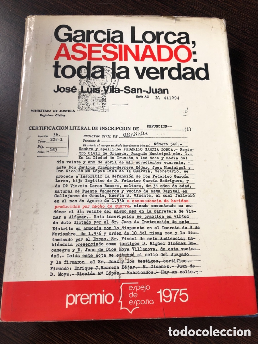 Libros: GARCIA LORCA ASESINADO TODA LA VERDAD JOSE LUIS VILA SAN JUAN PREMIO ESPEJO DE ESPA&Ntilde;A 1975 PLANETA