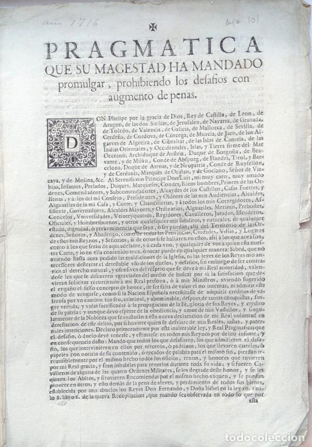 Libros: Pragm&aacute;tica que su Magestad ha mandado promulgar, prohibiendo los desaf&iacute;os con aumento de penas - Jun