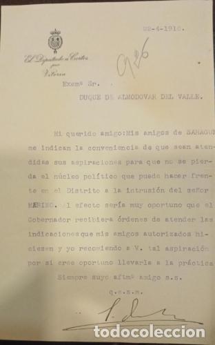 Livros em segunda m&atilde;o: (Manuscrito) Carta dirigida por Eduardo Dato al Duque de Almod&oacute;var del Valle comunic&aacute;ndole que sus a