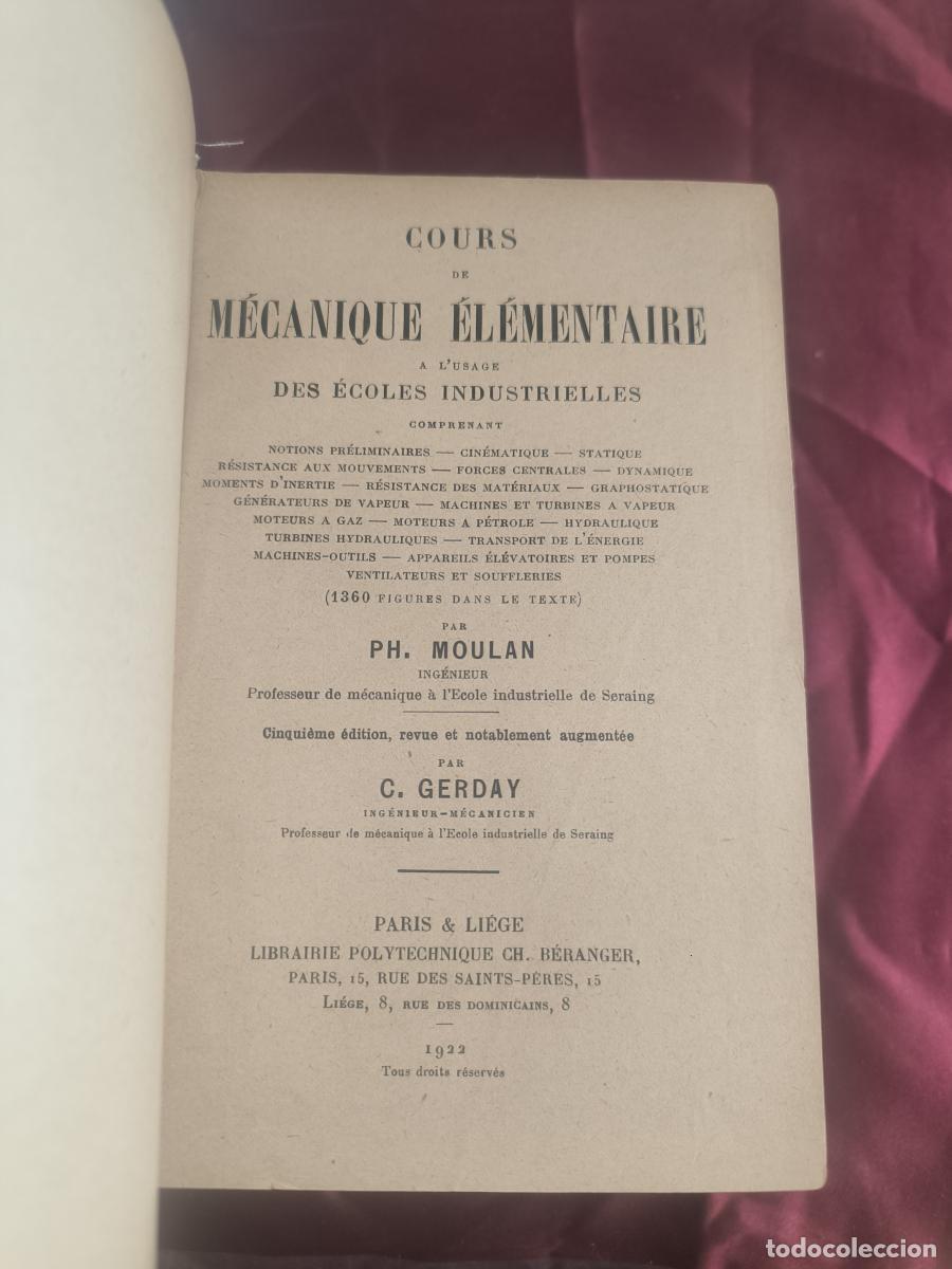 books: Cours de M&eacute;canique &Eacute;l&eacute;mentaire &agrave; l'usage des &Eacute;coles Industrielles. - Ph. Moulan
