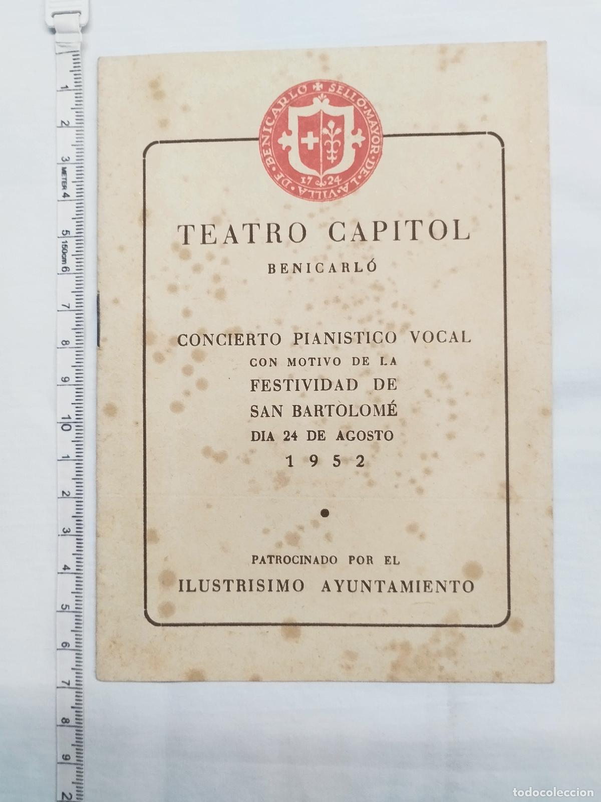 Libros: Programa Teatro Capitol Benicarl&oacute; 1952 - Concierto Festividad San Bartolom&eacute; - Sin autor