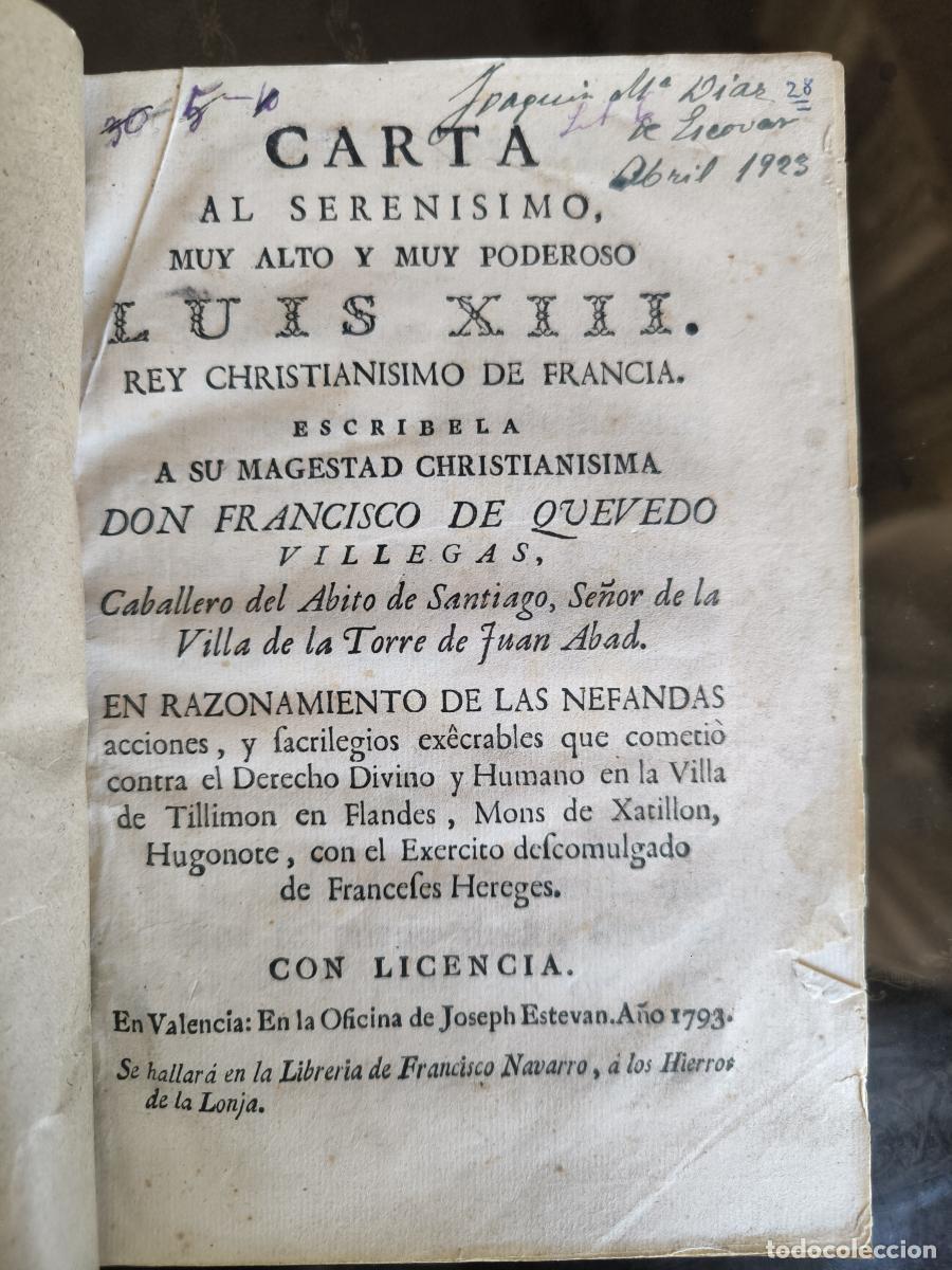 Libros: Carta al Seren&iacute;simo... Luis XIII... en razonamiento de las nefandas acciones y sacrilegios - Quevedo