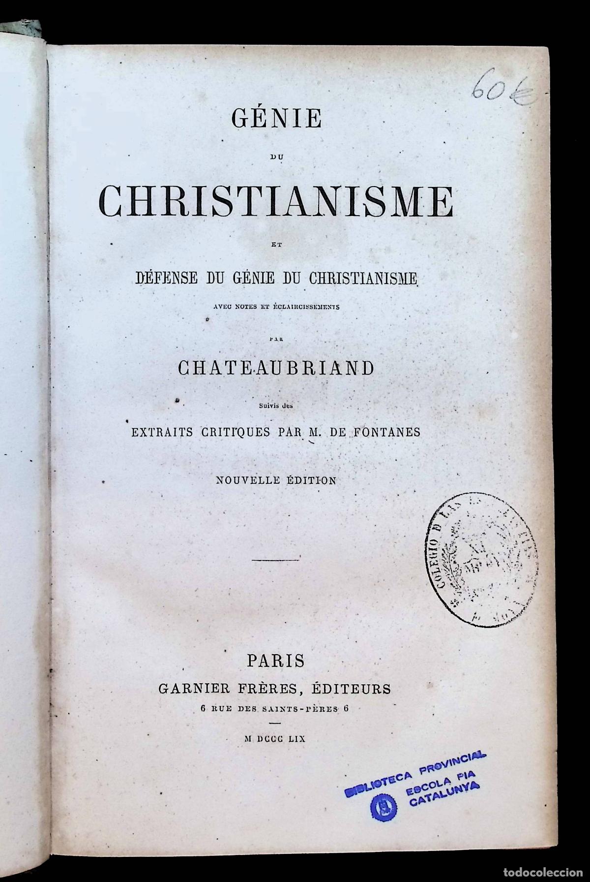 Libros: G&Eacute;NIE DU CHRISTIANISME. - CHATEAUBRIAND, Fran&ccedil;ois-Ren&eacute;.