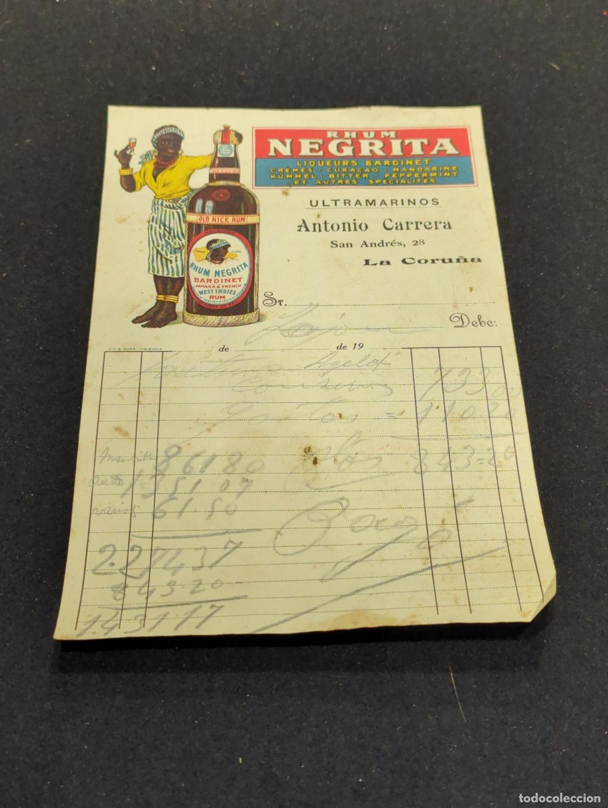 Livros em segunda m&atilde;o: Factura antigua. Ultramarinos Antonio Carrera. San Andr&eacute;s 28, A Coru&ntilde;a. Rhum Negrita - Antonio Carre