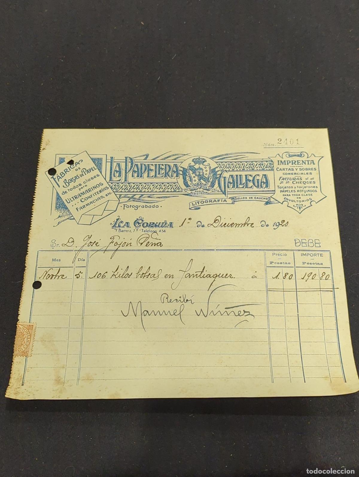 Libros: FACTURA ANTIGUA. LA PAPELERA GALLEGA. 1920. FABRICA DE BOLSAS DE PAPEL DE TODAS CLASES PARA ULTRAMAR