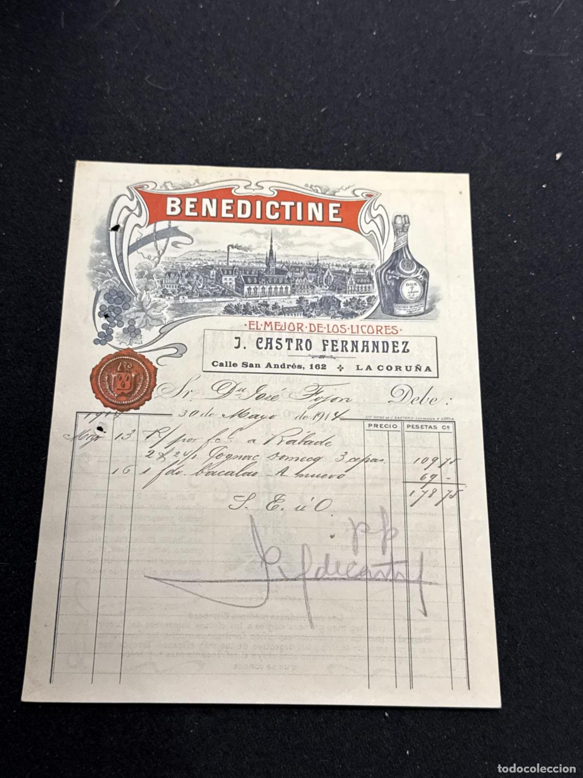 Livros em segunda m&atilde;o: Factura J. Castro Fern&aacute;ndez. Benedictine. El mejor de los licores. Calle San Andr&eacute;s. La Coru&ntilde;a. 1917