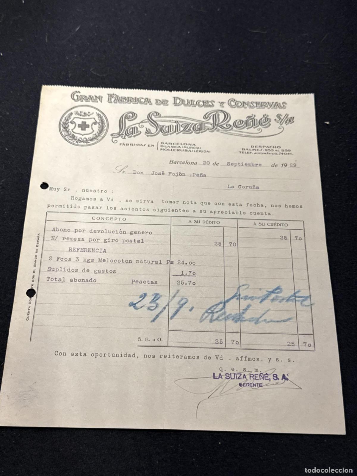 Libri di seconda mano: Factura Gran F&aacute;brica de Dulces y Conservas. La Suiza Re&ntilde;&eacute;. Barcelona 1929. La Coru&ntilde;a - VVAA