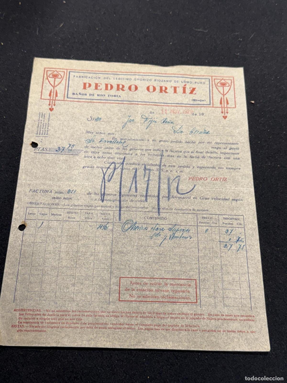 B&uuml;cher: Factura del leg&iacute;timo chorizo riojano de lomo puro PEDRO ORTIZ. Ba&acute;os de rio Tobia. Rioja. 1929 - VVA