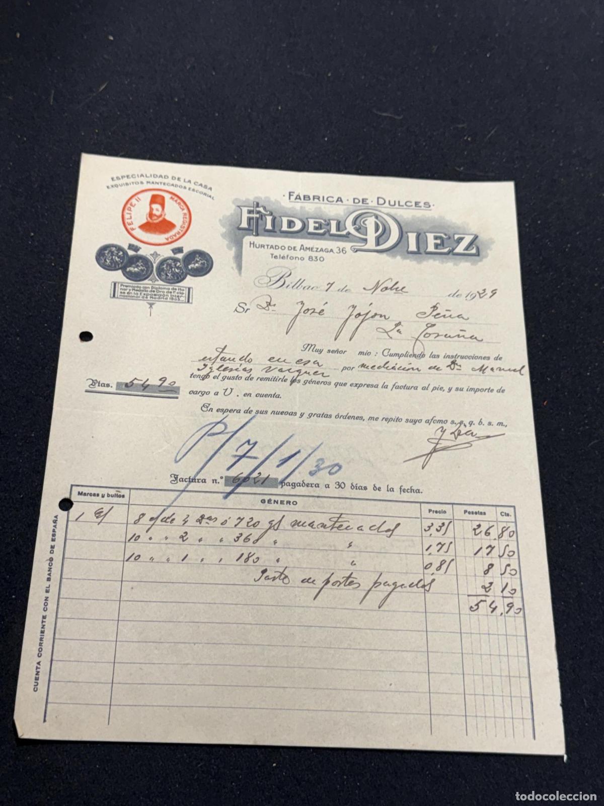 Livres: Factura F&aacute;brica de Dulces Fidel Diez. Hurtado de Am&eacute;zaga. Bilbao. Coru&ntilde;a. 1929 - VVAA