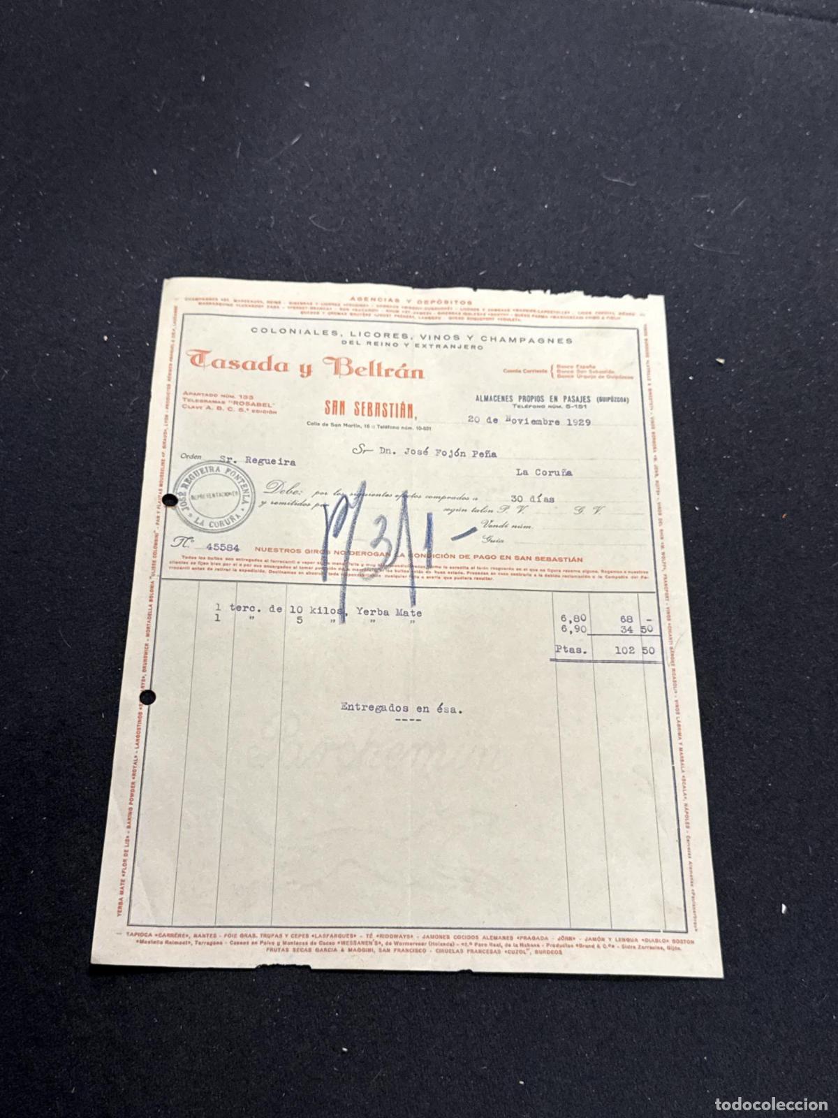 B&uuml;cher: Factura Tasada y Beltr&aacute;n. Coloniales, licores vios y champagnes. San Sebasti&aacute;n. 1929 - VVAA