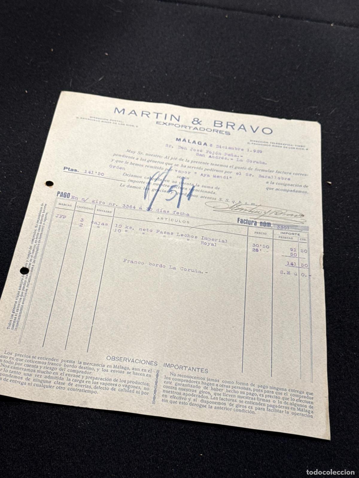 B&uuml;cher: Factura Martin & Bravo exportadores. M&aacute;laga. 1929 - VVAA