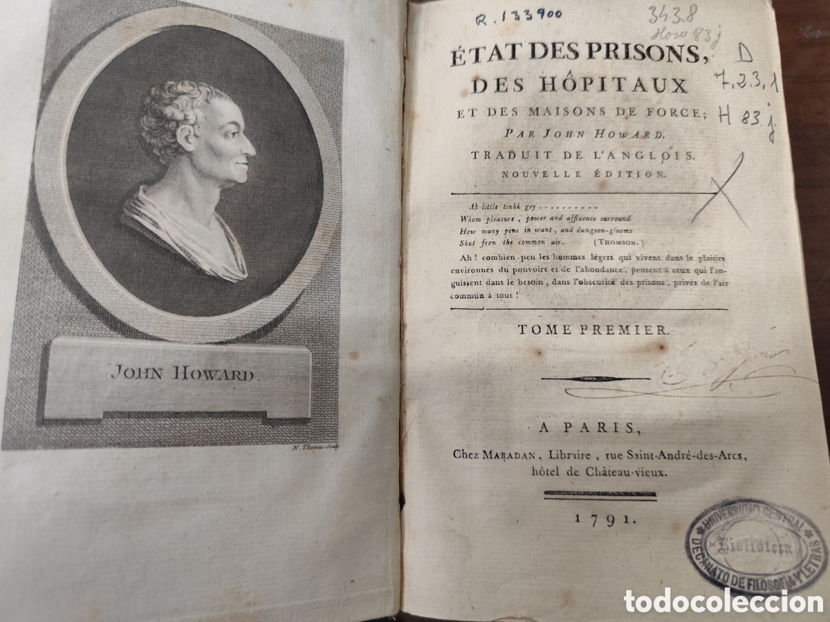 books: ETAT DES PRISONS,DES HOPITAUX ET DES MAISONS DE FORCE. Tomo I. A&ntilde;o 1791 - HOWARD,John