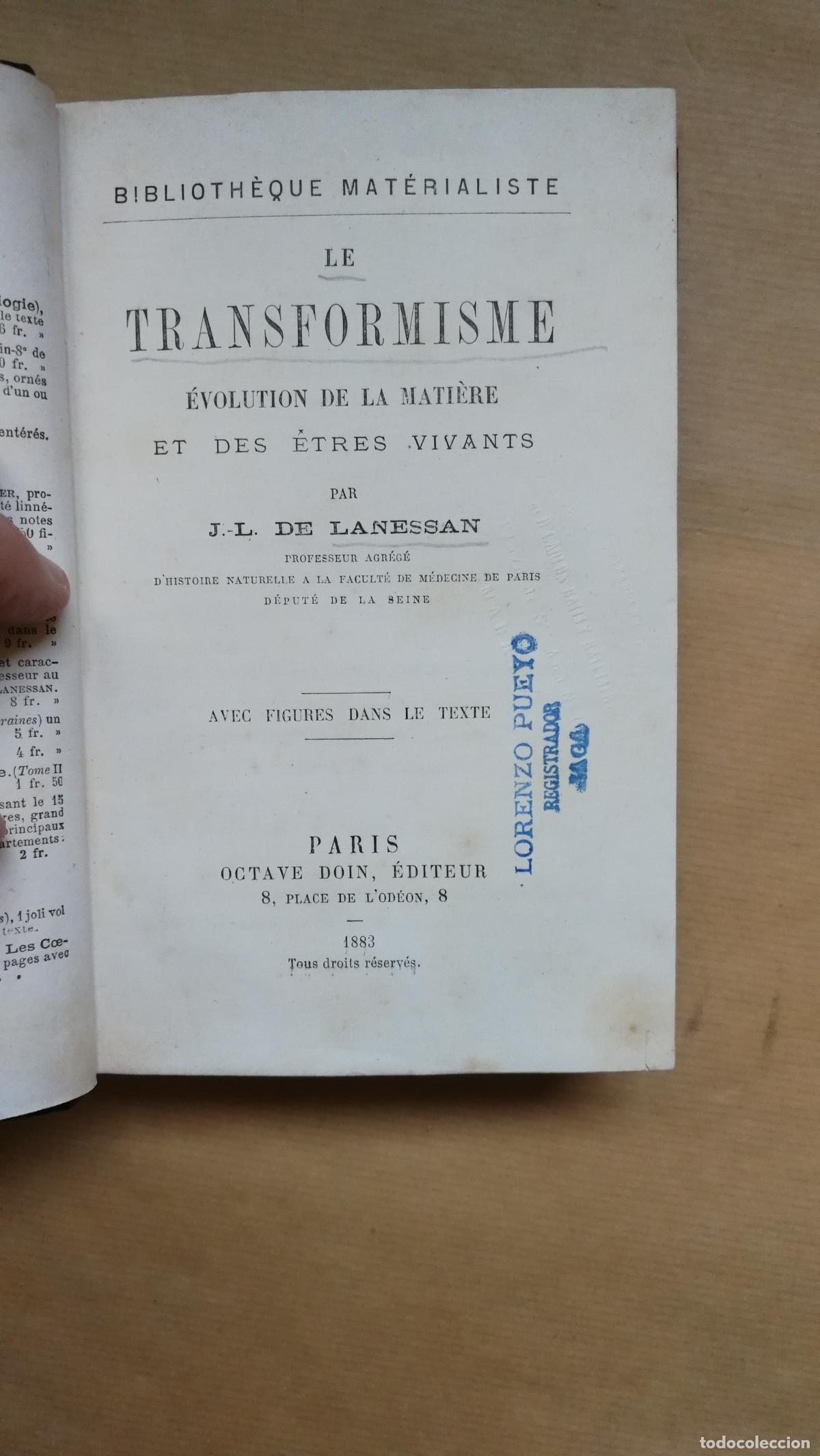 Libros: &rdquo;LE TRANSFORMISME, EVOLUTION DE LA MATIERE ET DES ETRES VIVANTS.&rdquo; - LANESSAN J.-L. DE